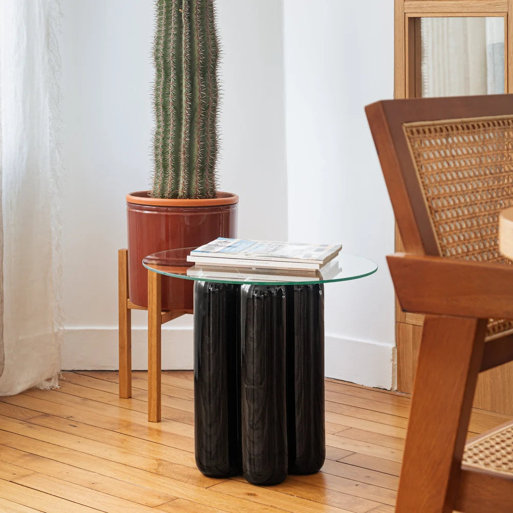 TAVOLINO GUÉRIDON IN CERAMICA E VETRO