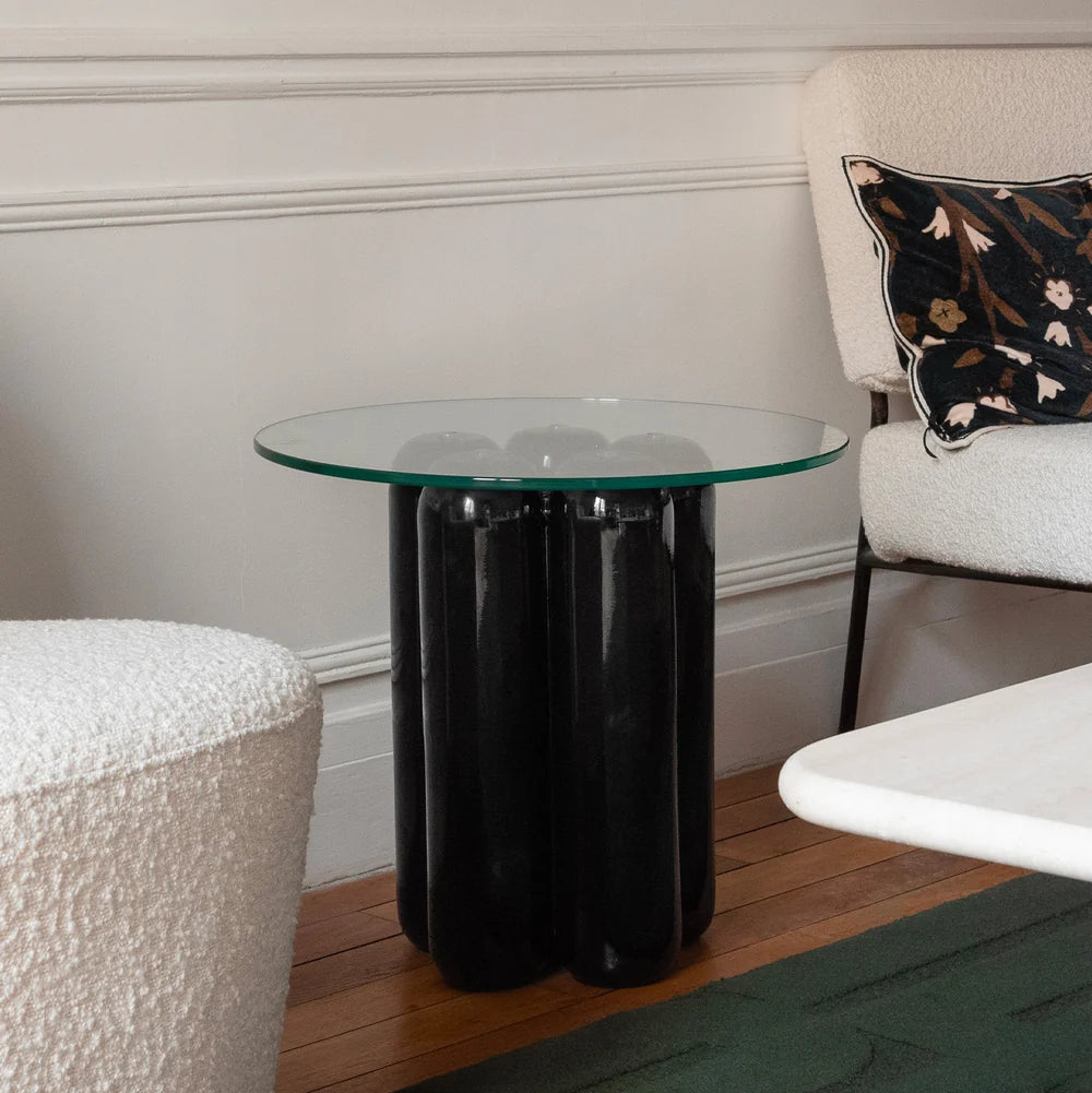 TAVOLINO GUÉRIDON IN CERAMICA E VETRO
